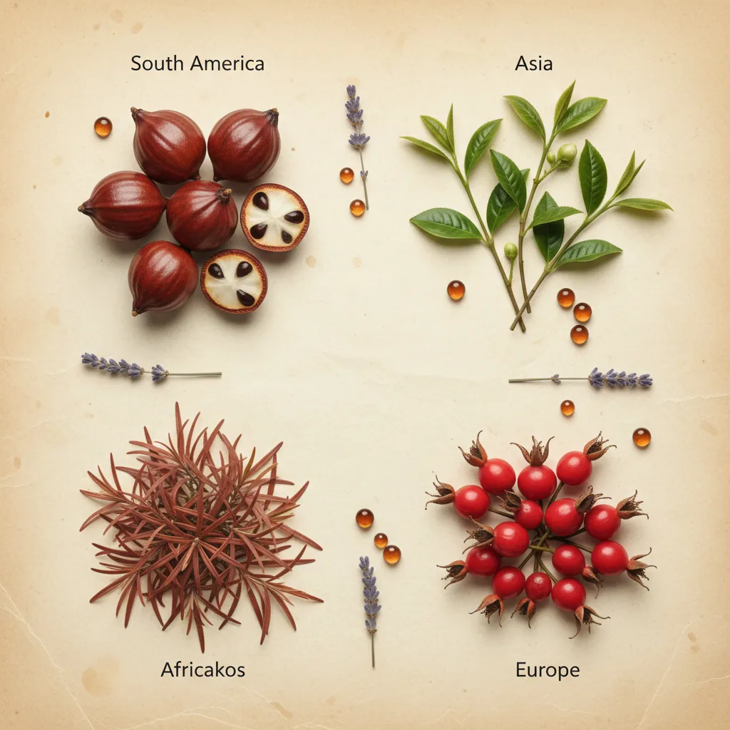Four groups of botanicals representing guarana, green tea, rooibos and rosehip arranged on cream paper