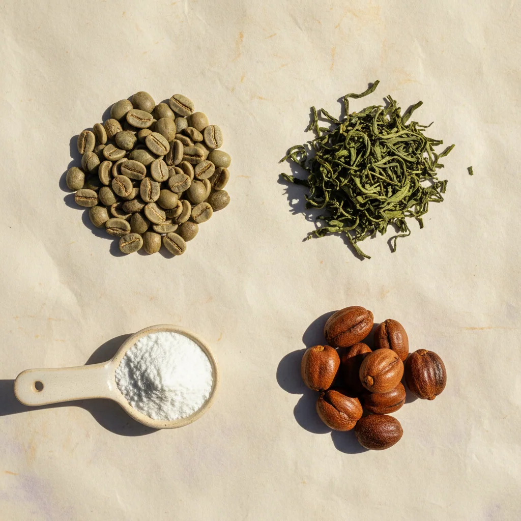 Green coffee beans, green tea leaves, guarana seeds and L-Carnitine powder flat-lay on cream background