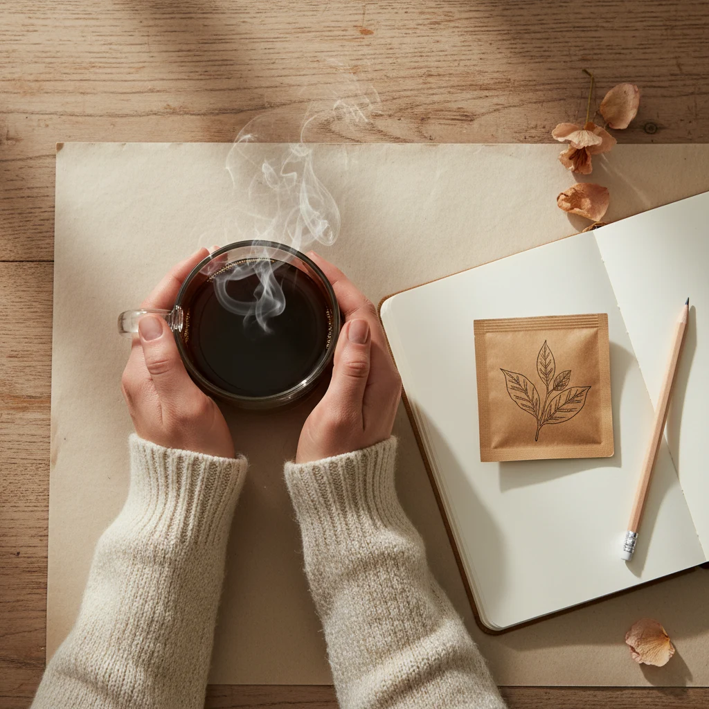 Hands holding a steaming mug of coffee on a wooden kitchen table, morning light, Wellaray Coffee sachet nearby